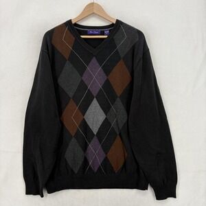 Alan Flusser Sweater Mens XL Black Argyle V Neck Cotton Knit Long Sleeve Grandpa